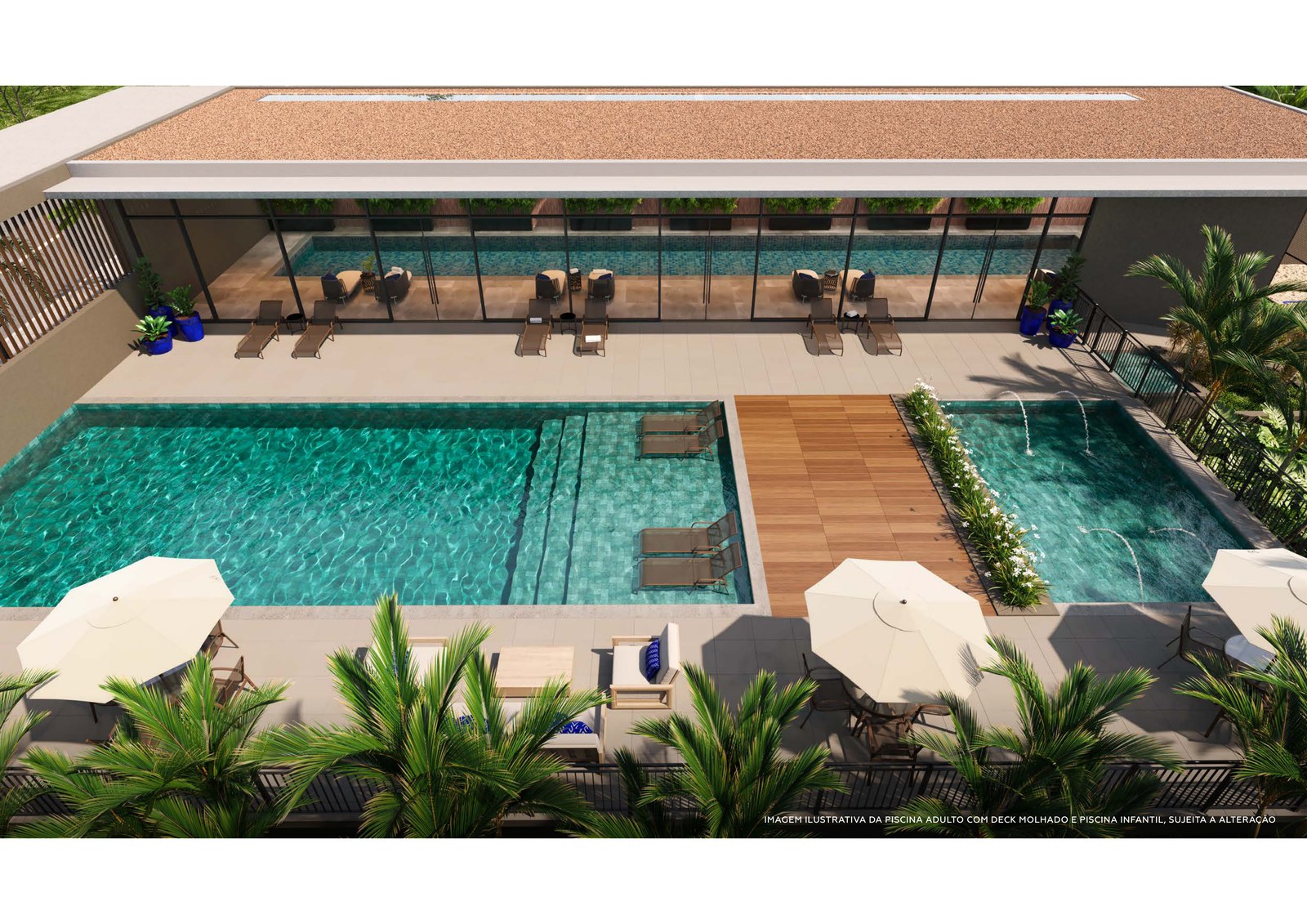Piscina adulto e deck molhado